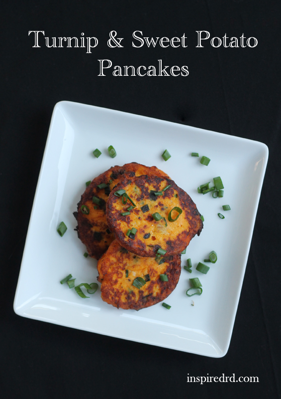 Turnip & Sweet Potato Pancakes from InspiredRD.com