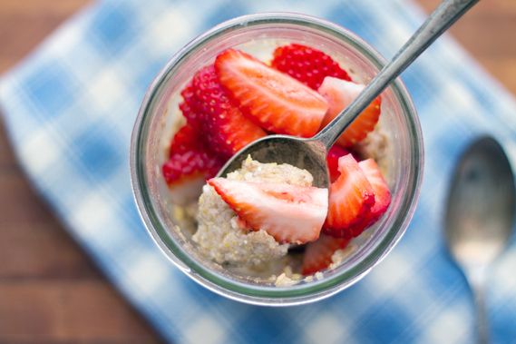 Breakfast in a Jar - Get it all ready the night before, heat it up for 2 minutes in the microwave in the morning. Quick and easy!  From InspiredRD.com #glutenfree