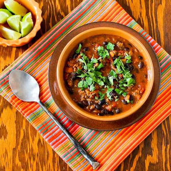 Recipe for Crockpot (or stovetop) Black Bean Chili with Lime and Cilantro from Kalyn's Kitchen