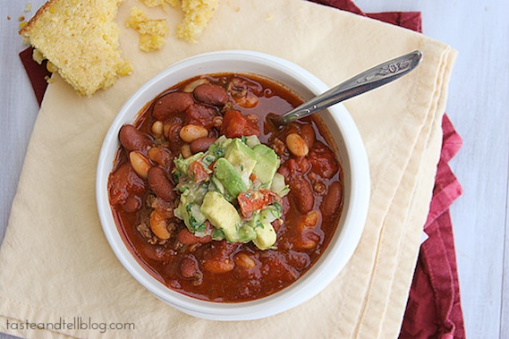 Easy Slow Cooker Chili with Avocado Salsa from Taste and Tell